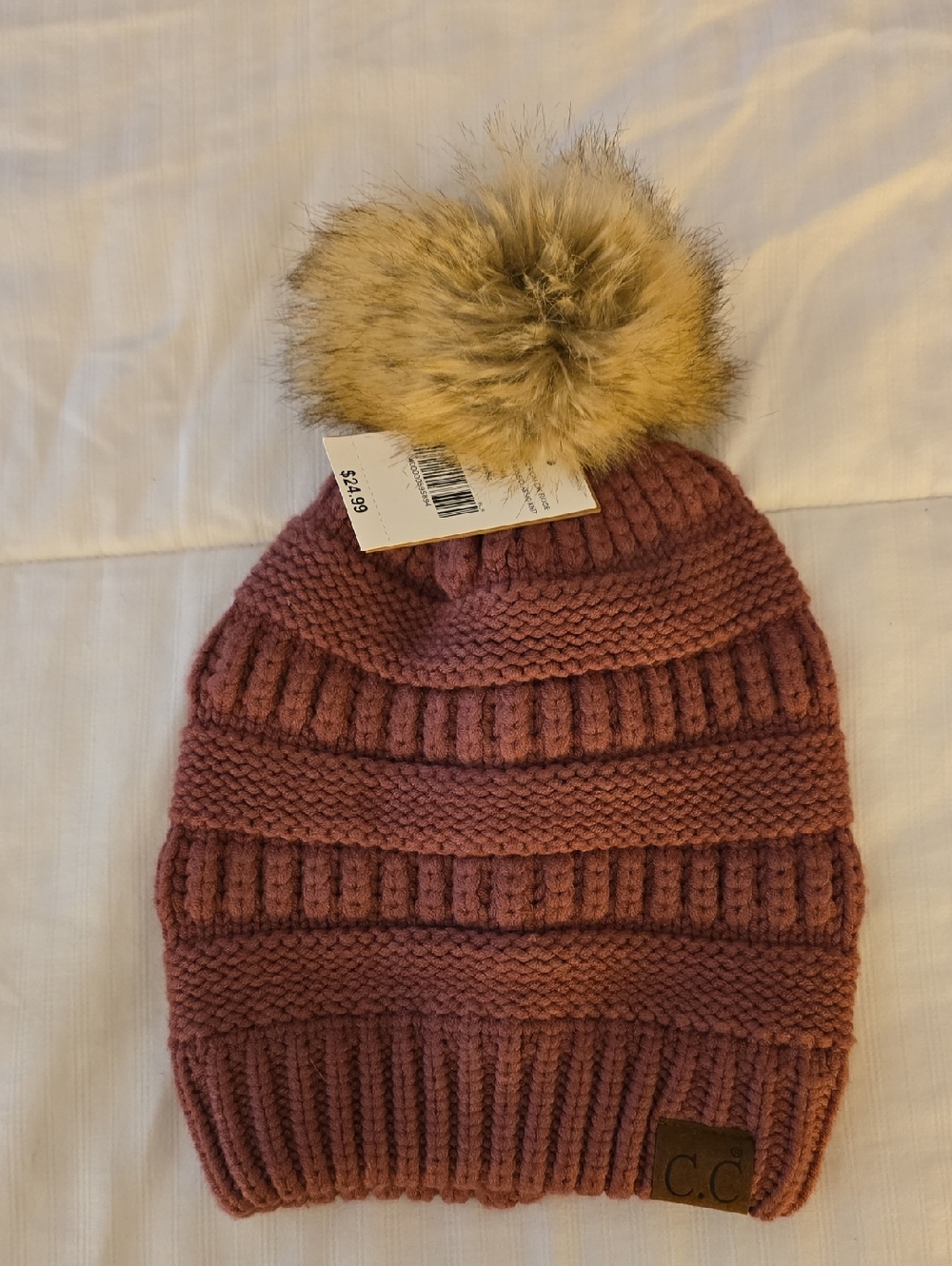 C.C Dusty Rose Knit Pom Hat with Faux Fur Pom